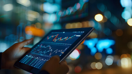 Person reviewing stock market data on tablet at night.