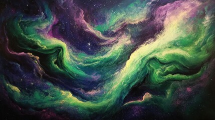 A swirling depiction of auroras dancing in the night sky, with vibrant greens and purples creating an abstract wonder