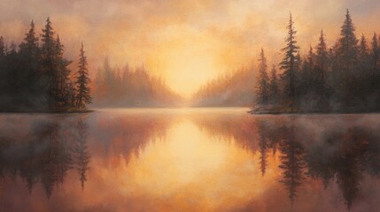 Fototapeta premium A tranquil depiction of a sunrise over a misty lake, with soft abstract ripples and reflections blending in warm tones