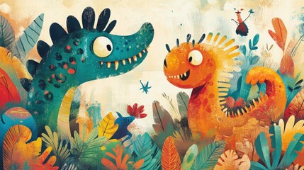 Friendly dinosaurs amidst vibrant foliage.