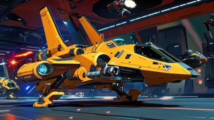 Fototapeta premium Yellow Spacecraft Stands in Futuristic Hangar Bay