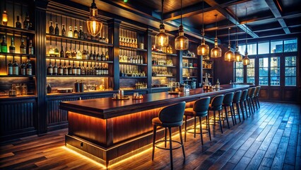 Dark Wood Bar Interior, Pub Atmosphere,  Wooden Floor, Black Bar Counter, Spirits Bottles, Aerial View Photography