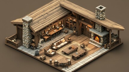 Isometric View of a Cozy Wooden Cabin Interior