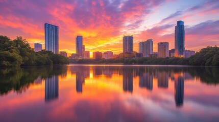 Fototapeta premium stunning sunset reflection over city skyline