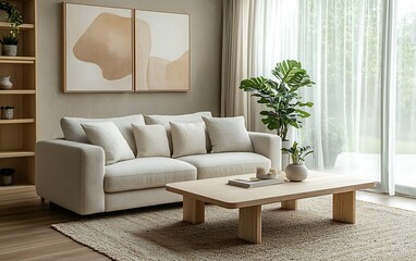 Obraz premium Minimalist living room with white sofa, wooden table, and abstract art.