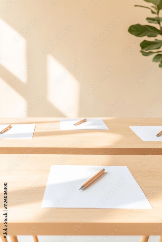 Poster minimalist study setup with pencils and paper in sunlit space