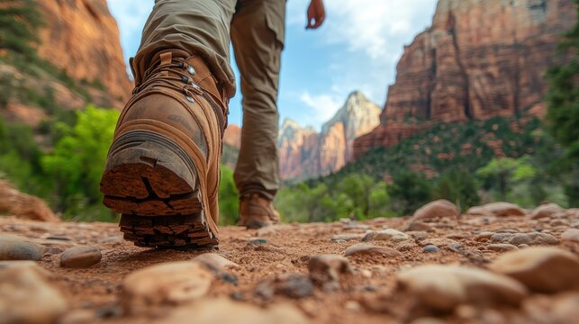 Close-up of hiking boot on rocky trail. Perfect for travel, adventure, and outdoor themes.