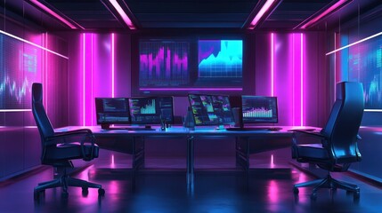 Futuristic Trading Room Neon Lights Financial Data Displays