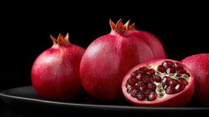Juicy Pomegranates  Fresh  Red  Antioxidant Fruit on Dark Plate