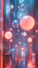 Abstract 3D render of glowing spheres in a futuristic space.
