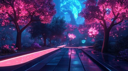 Neon Lit Pathway Through A Dreamlike Pink And Blue Forest