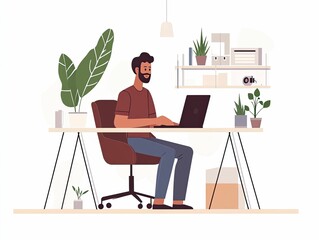 Man works on laptop at minimalist desk with plants.