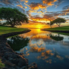 Fototapeta premium serene sunset over calm water with reflections