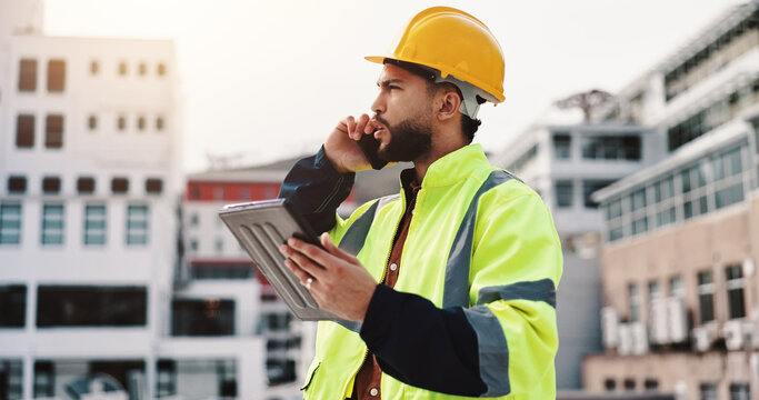 Phone call, engineer and tablet with man in city for architecture, building or communication. Construction site, contractor and project manager with person in outdoor for urban development update
