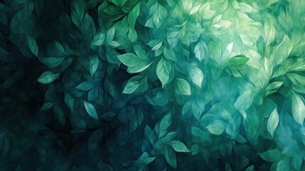 Abstract green foliage with soft edges, resembling sunlight dancing through dense leaves in a forest