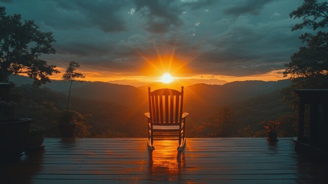 Serene sunset view from porch rocking chair. (1) - Powered by Adobe
