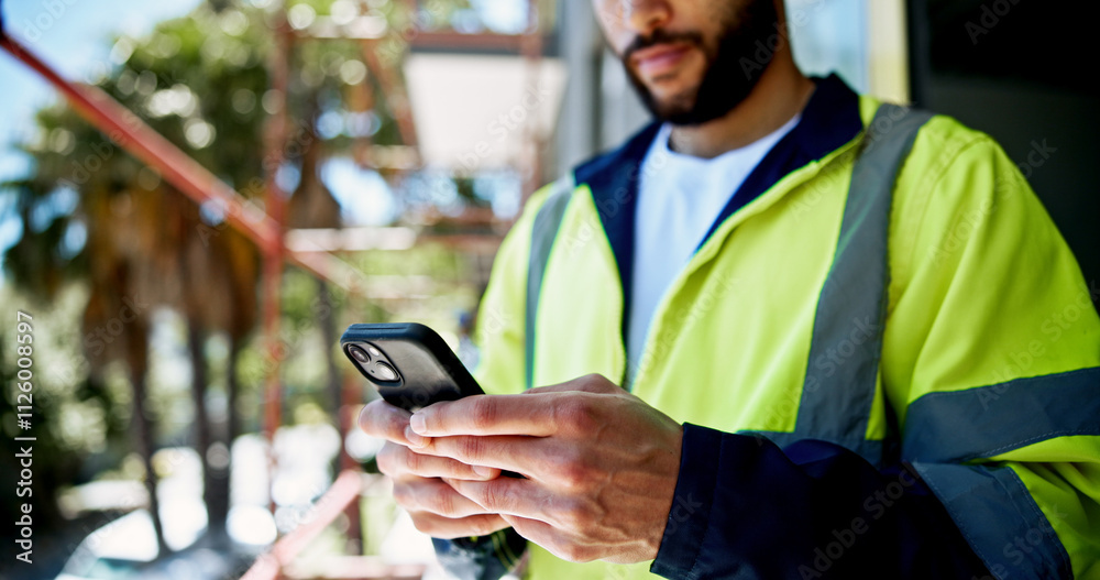 Leinwandbilder hands, smartphone and construction site with texting, person or contact with info for building devel
