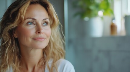 Radiant Caucasian Woman Reflects on Her Natural Beauty in Bathroom Mirror