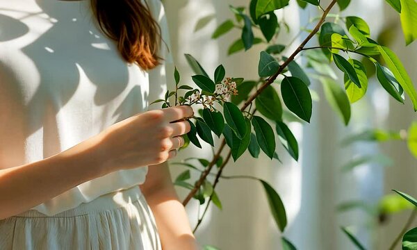 A person gently holding a branch with leaves and flowers.