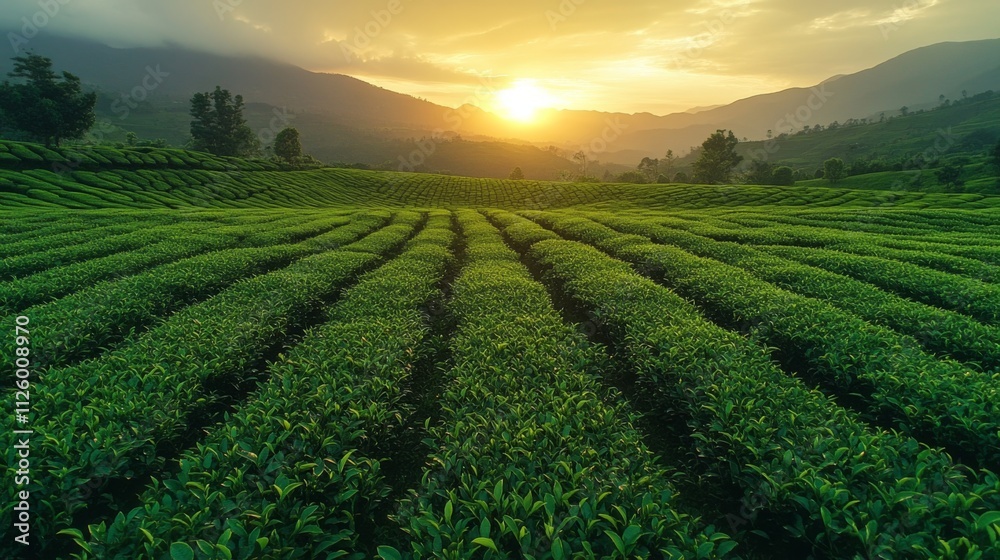 Poster golden sunlight casts a warm glow over expansive tea fields in rolling hills as the day transitions 