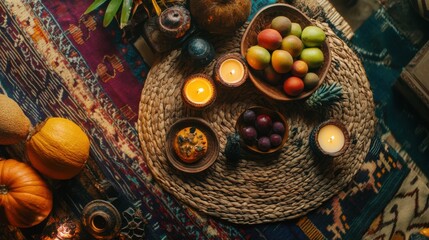 Kwanzaa kinara on a decorative table with fruits, candles, and a woven mat, surrounded by cultural artifacts