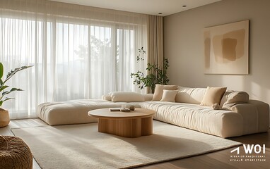 Fototapeta premium Modern minimalist living room with neutral tones, large sectional sofa, round wooden coffee table, sheer curtains, and abstract art.
