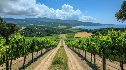 Naklejka premium Vineyard rows lead to ocean view under sunny sky.