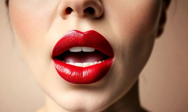 Close-up of a woman's lips adorned with bright red lipstick.