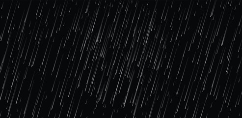 Rain drops against a dark background. Falling water drops. Nature rainfall. Rain Vector illustration.
