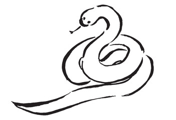 Obraz premium 巳年の年賀状に使える筆手描きのモノクロへび