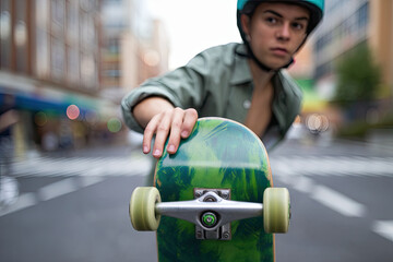Teenager skateboarding down a street, representing individuality and youth culture