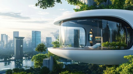 Fototapeta premium Futuristic eco-friendly house with panoramic city view.