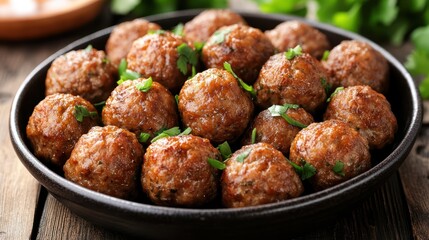 Savory Meatballs Garnished with Fresh Herbs in a Black Bowl