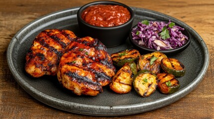 Grilled Chicken with Sauce and Sides on Rustic Plate