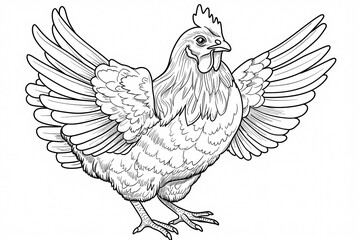 Obraz premium A detailed black and white illustration of a chicken with wings spread, showcasing its feathers and distinct features.