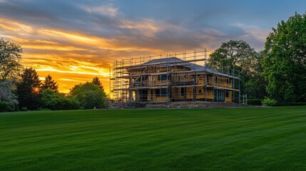 Obraz premium new house construction at sunset with scaffolding