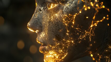 futuristic face with glowing technology and digital connections