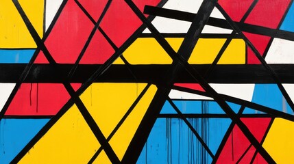Linear Bauhaus abstraction featuring bold black lines intersecting with vibrant red, yellow, and blue