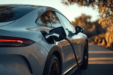 Fototapeta premium Electric car with a charging port, representing sustainable transport innovation