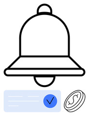 Notification bell with checkmark and coin indicating alerts, updates or financial transactions. Ideal for apps, websites, finance, task management, notifications, reminders productivity. Line