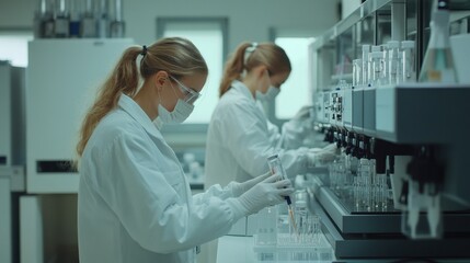 Two female scientists in lab coats perform experiments using precise laboratory equipment. Image depicts scientific research and laboratory analysis.