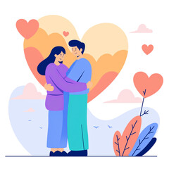 Obraz premium A concept of love, tenderness, and romance. A cheerful young couple, a boy and a girl, stand together, hugging and embracing each other with affectionate smiles, expressing their love.
