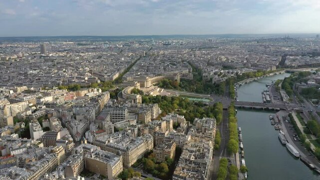 PARIS, FRANCE - OCTOBER 3, 2024: Stunning aerial view reveals the beauty of the cityscape amidst the Seine Rivers flow