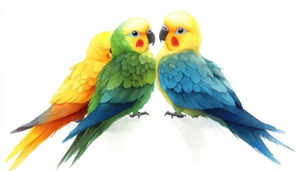 Obraz premium Three colorful parrots with vibrant feathers facing each other.