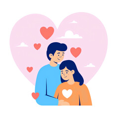A concept of love, tenderness, and romance. A cheerful young couple, a boy and a girl, stand together, hugging and embracing each other with affectionate smiles, expressing their love.
