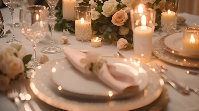 Close up of wedding reception table setting with flower arrangements, soft candlelight casting a warm glow