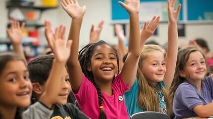 Enthusiastic elementary school children actively participating in class, raising their hands.