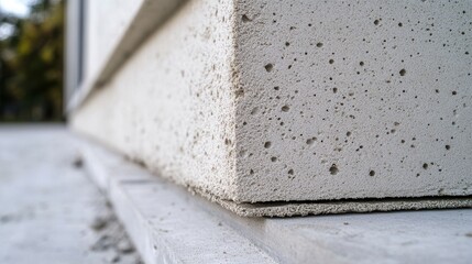 Close-up of porous concrete block corner. Illustrates building construction & insulation methods.