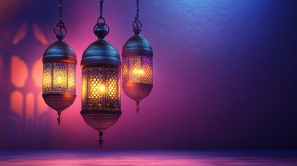 Three ornate lanterns illuminated against a colorful background.