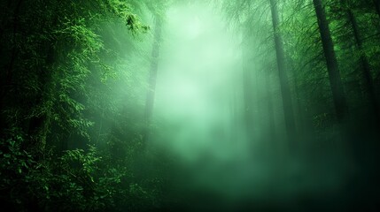 Naklejka premium Misty Forest Path Green Trees Fog Nature Woodland Mystical Atmospheric Serene Tran